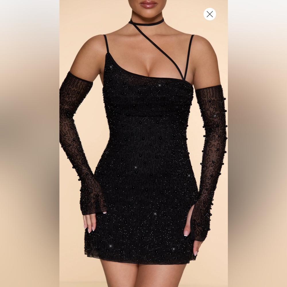 Oh Polly Embellished Asymmetric Mini Dress in Black
